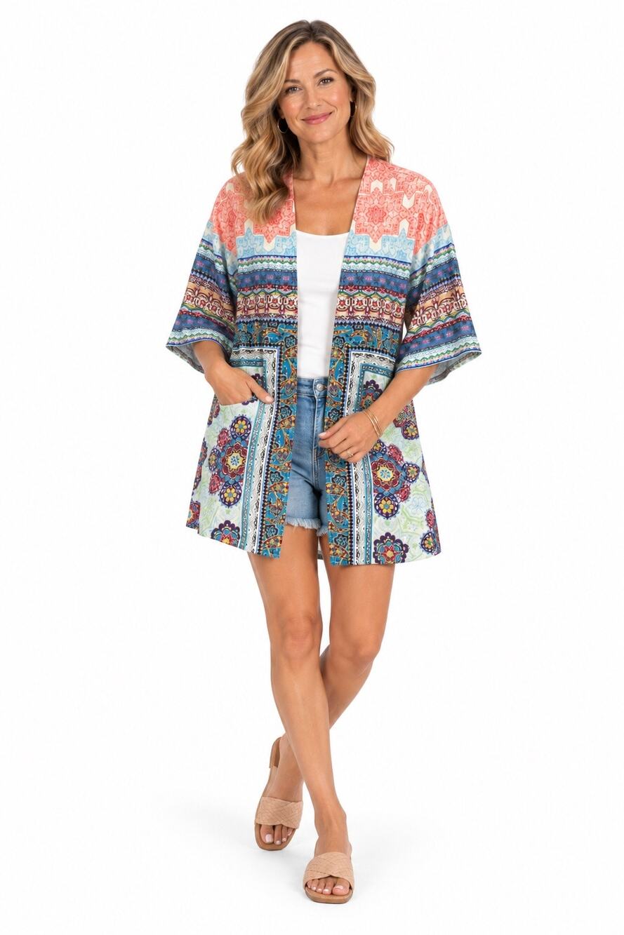 Umgee Womens M/L Boho Floral Patchwork Kimono Cardigan Coral Blue Open Front